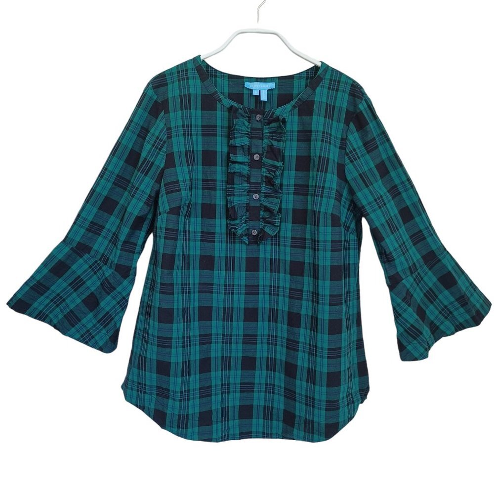 Draper James Plaid Blouse‎ Green Tartan Ruffle Detail Womens size Small